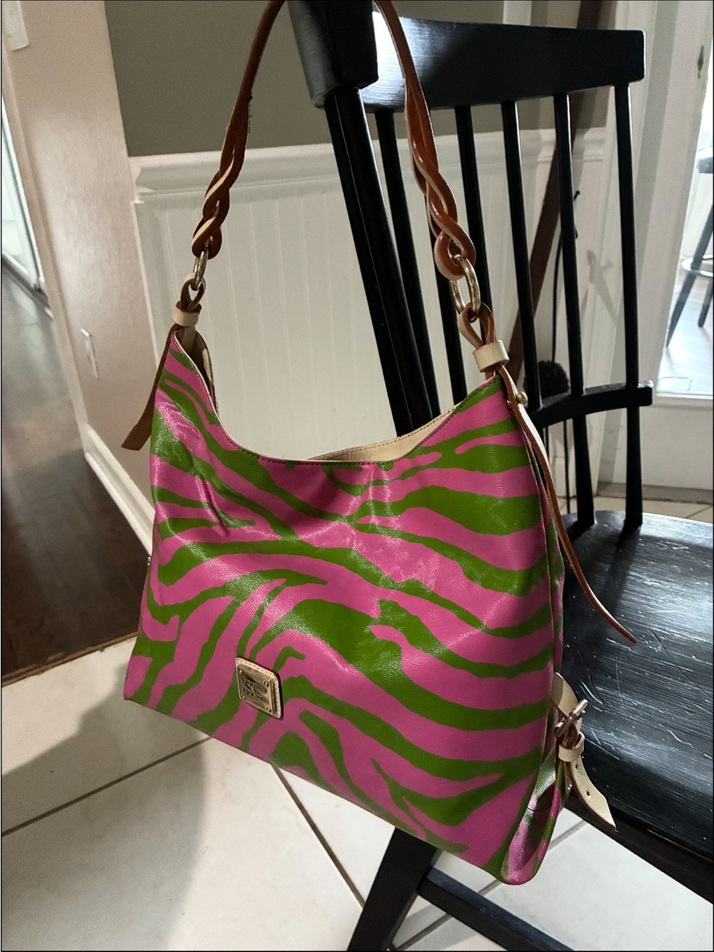 Dooney & Bourke Pink and Green Zebra Print Shoulder Bag with Tan Strap - Picture 2 of 6